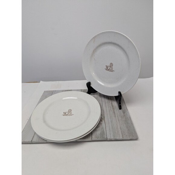 Vintage Schwans Set of 3 Dinner Plates White Brown Speckles Swan Logo 10 1/2" - Picture 1 of 7